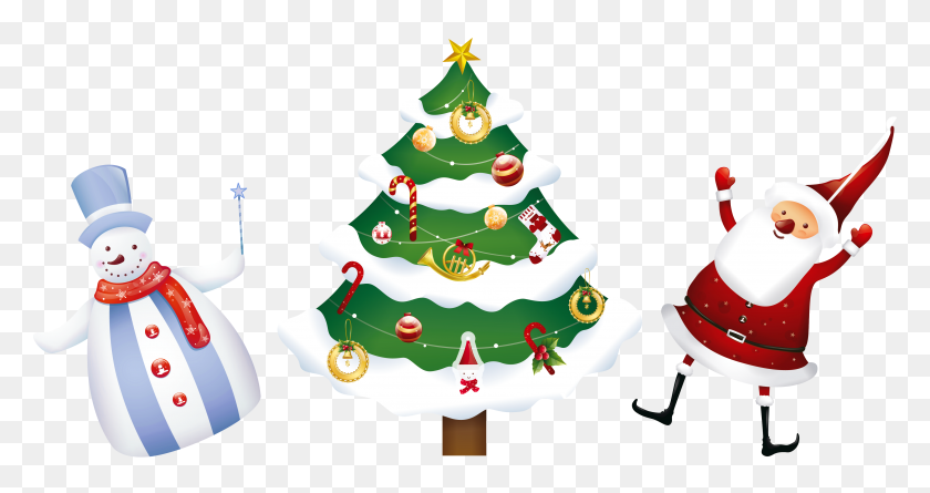 4540x2245 Transparent Christmas Santa Tree And Snowman Png Clipart - Christmas PNG Images