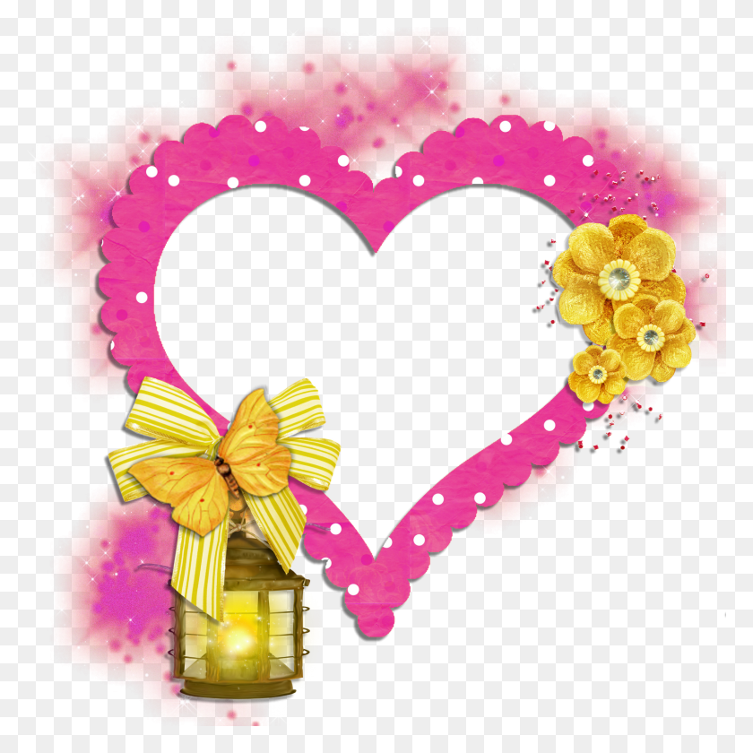 1600x1600 Прозрачная Рамка Розовое Сердце С Желтыми Цветами Бабочки - Розовая Рамка Png