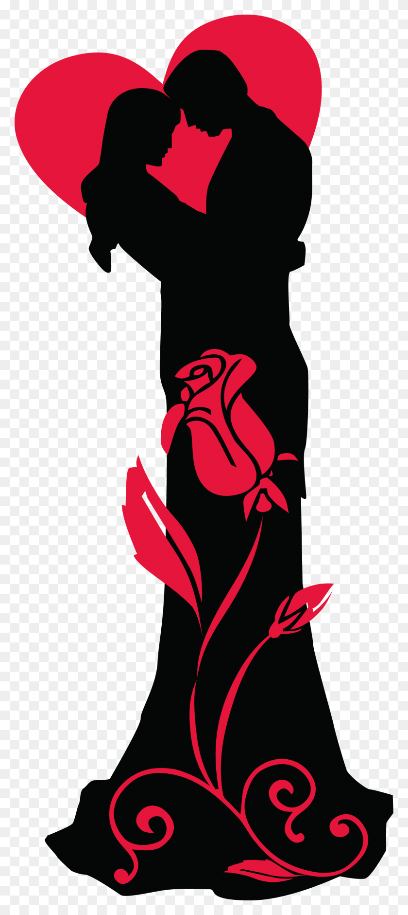 1498x3497 Transparent Loving Couple Silhouettes With Red Heart And Rose Png - Rose Silhouette PNG