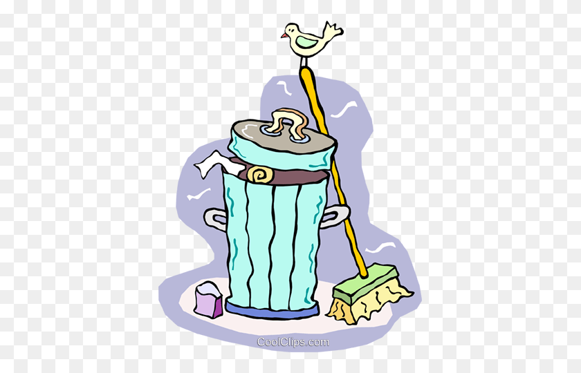 381x480 Trash Can And Broom Royalty Free Vector Clip Art Illustration - Picking Up Trash Clipart