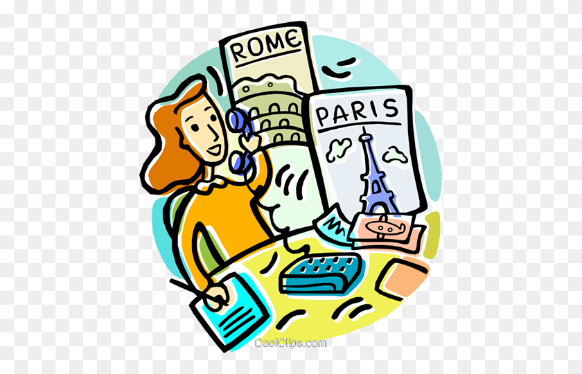 437x480 Travel Agent Booking Vacations Royalty Free Vector Clip Art - Travel Agent Clipart