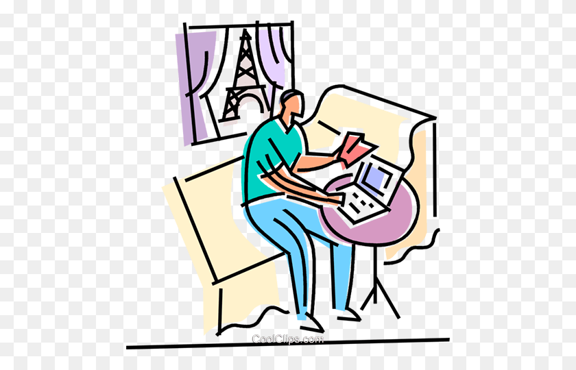 472x480 Traveler Sitting In His Hotel Room Royalty Free Vector Clip Art - Hotel Room Clipart