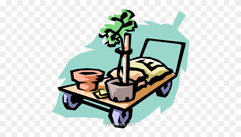 480x417 Trolley With Plants Royalty Free Vector Clip Art Illustration - Trolley Clipart