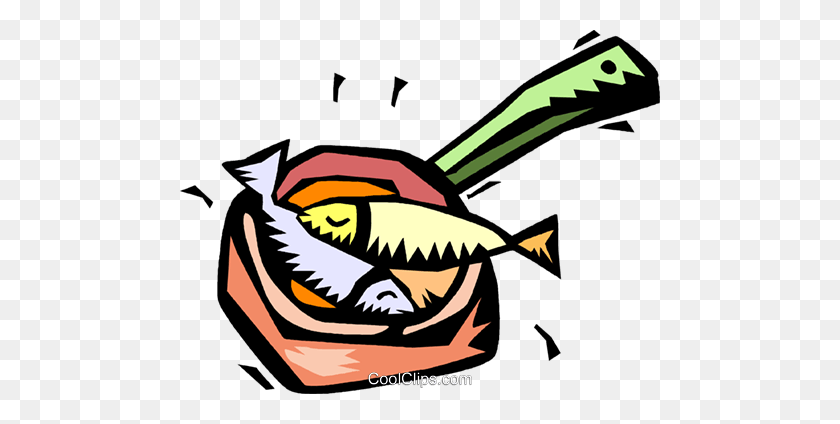 480x364 Two Fish In A Frying Pan Royalty Free Vector Clip Art Illustration - Fish Fry Clip Art Free