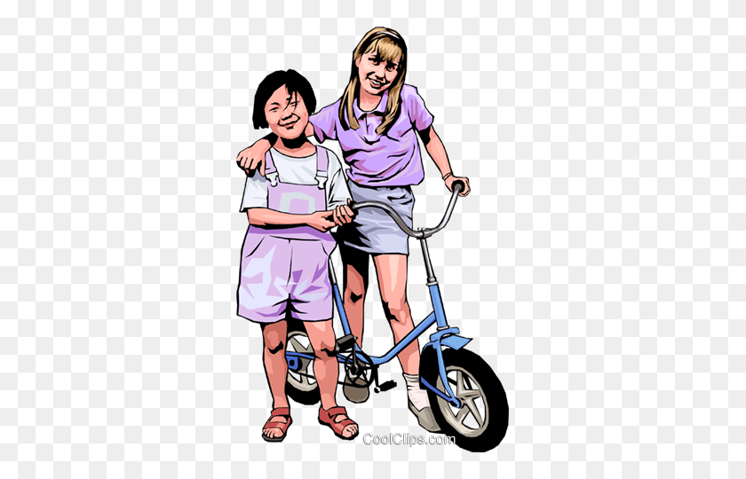 307x480 Two Friends With A Bicycle Royalty Free Vector Clip Art - Two Friends Clipart