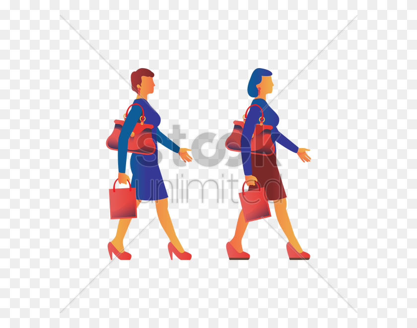 600x600 Две Женщины Гуляют С Хозяйственной Сумкой И Ручным Мешком - Векторное Изображение - Женщина Идет Клипарт