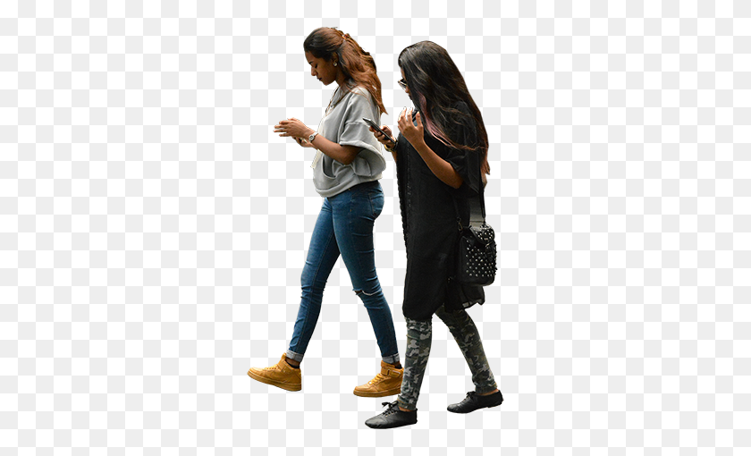 450x450 Two Women Walking With Their Cell Phones Completely Wrapped Up - Walking People PNG