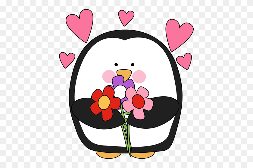 447x500 Valentine's Day Penguin With Flowers Clip Art - Flower Heart Clipart