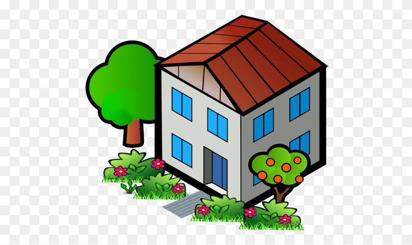 500x441 Vector Drawing Of Family Home With Trees - City Street Clipart