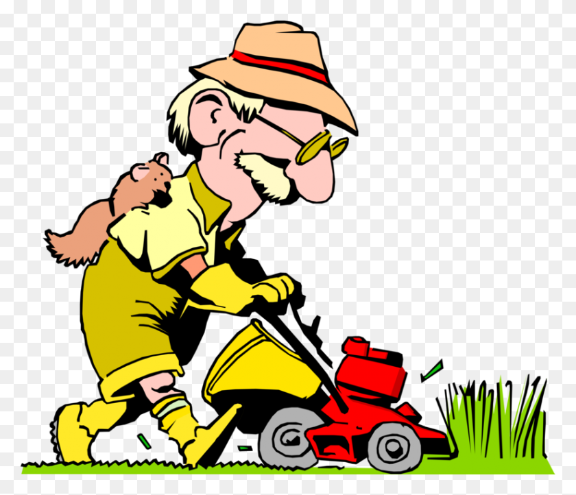 824x700 Vector Illustration Of Man With Squirrel Mows The Lawn - Man Mowing Lawn Clipart