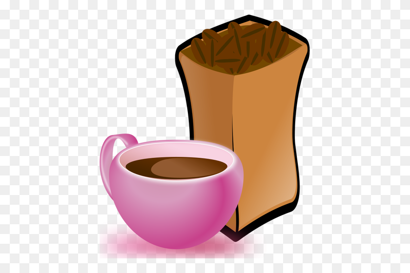 431x500 Vector Image Of Pink Cup Of Coffee With Sack Of Coffee Beans - Coffee Shop Clipart