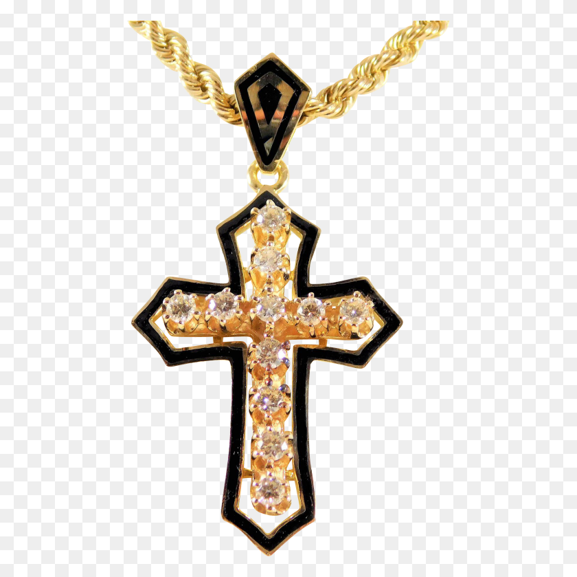 1805x1805 Vintage Gold, Black Enamel, And Diamond Gothic Cross Pendant - Gothic Cross PNG
