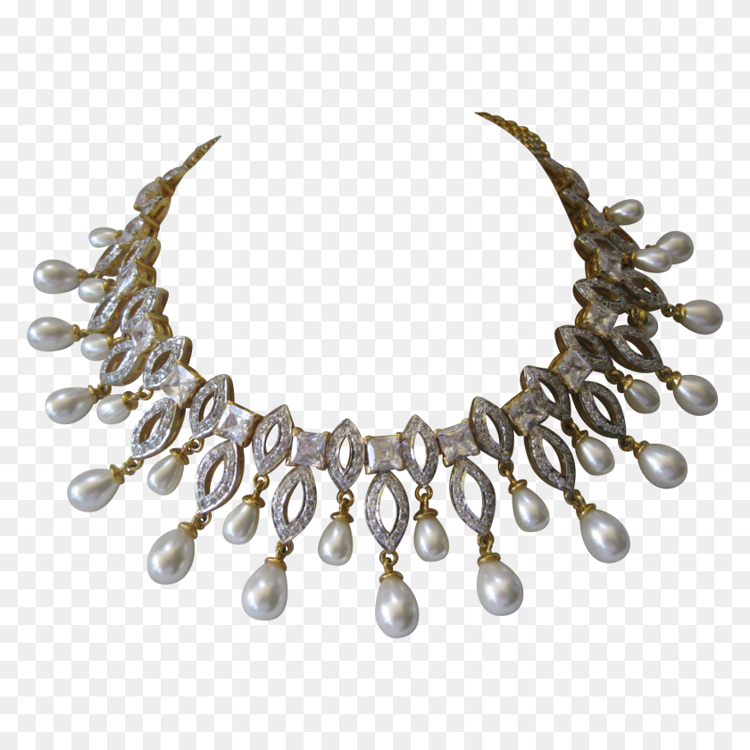 1442x1442 Vintage Openback Glass Stones Dripping Pearls Bib Necklace - Pearl Necklace PNG
