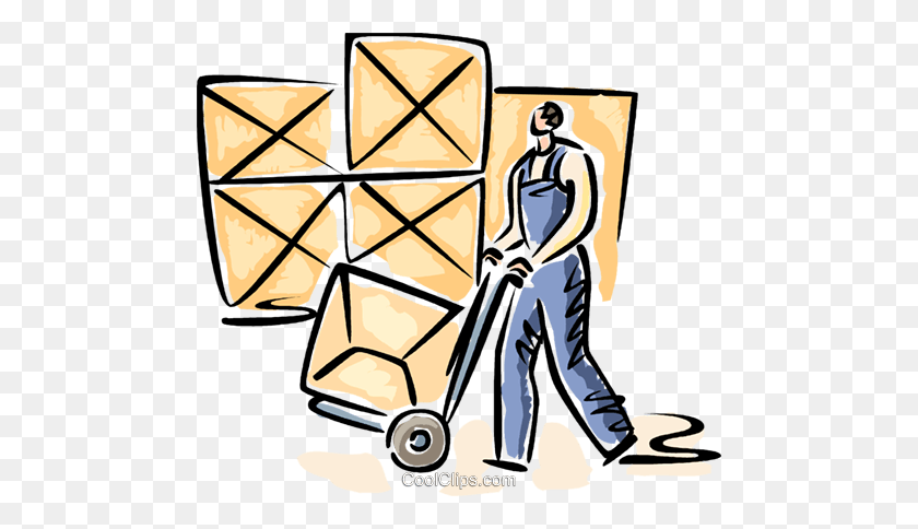 480x424 Warehouse Worker Is Moving Boxes Royalty Free Vector Clip Art - Packing Boxes Clipart