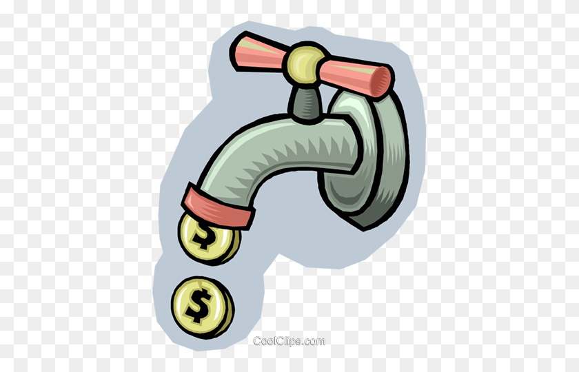 397x480 Water Faucet Dripping Coins Royalty Free Vector Clip Art - Water Faucet Clipart