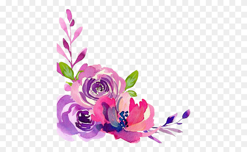 454x457 Watercolor Beautiful Flowers Purple Fushia Pink Roses - Pink Watercolor Flowers PNG