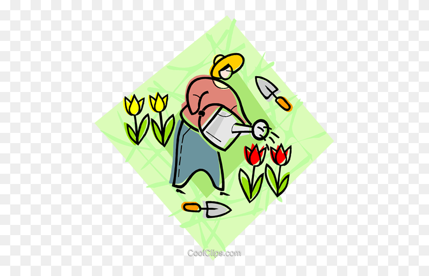 469x480 Watering Flowers Royalty Free Vector Clip Art Illustration - Watering Flowers Clipart