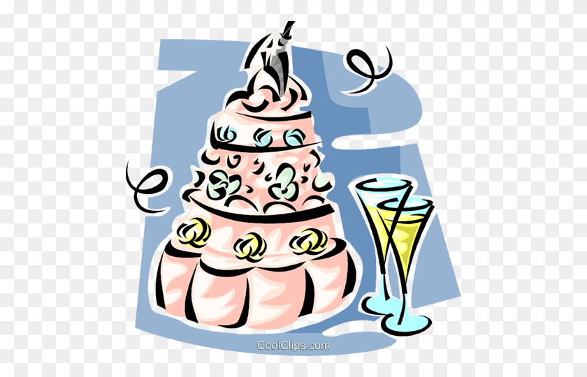 480x480 Wedding Cake With Champagne Glasses Royalty Free Vector Clip Art - Champagne Flute Clipart