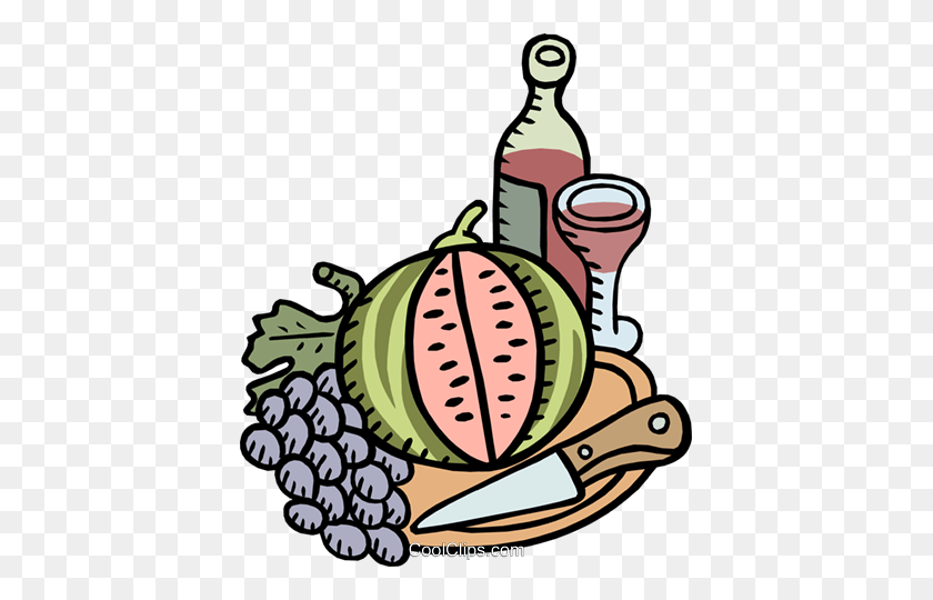 407x480 Wine With Melon And Grapes Royalty Free Vector Clip Art - Wine Grapes Clipart