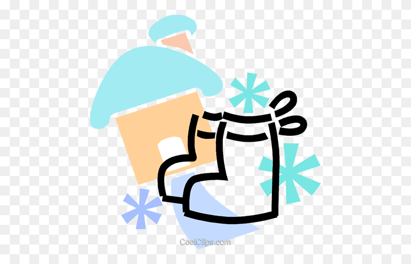 472x480 Winter Boots With A Snow Covered House Royalty Free Vector Clip - Snow Boots Clipart
