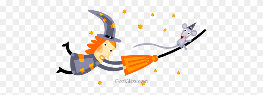 480x246 Witch And A Mouse Flying On A Broom Royalty Free Vector Clip Art - Witch On Broom Clipart