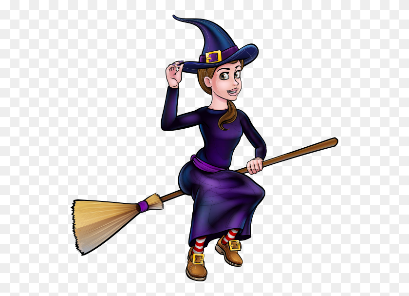 550x547 Witch Flying On Broomstick Halloween Character - Witch On Broom Clipart