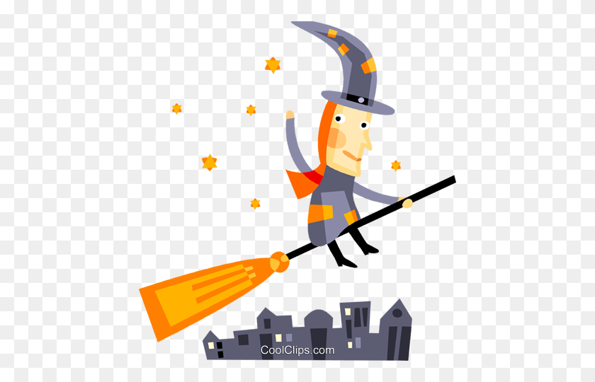448x480 Witch Flying On Her Broom Royalty Free Vector Clip Art - Witch Broom Clipart