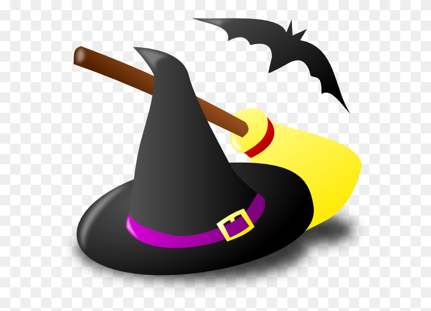 600x546 Witch Hat Broom Bat Clip Art - Witch On Broom Clipart