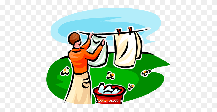 480x376 Woman Hanging Laundry Royalty Free Vector Clip Art Illustration - Clothesline Clipart