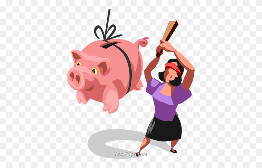 408x480 Woman Hitting A Piggy Bank Royalty Free Vector Clip Art - Pinata Clipart