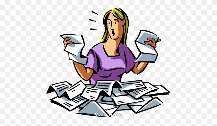 480x428 Woman Is Overwhelmed With Paperwork Royalty Free Vector Clip Art - Overwhelmed Clipart