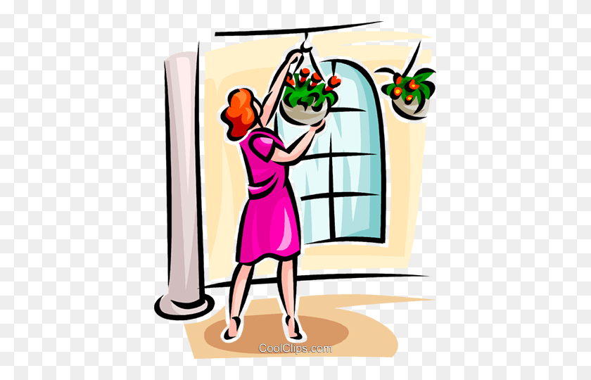 401x480 Woman Looking After Her Hanging Baskets Royalty Free Vector Clip - After Clipart