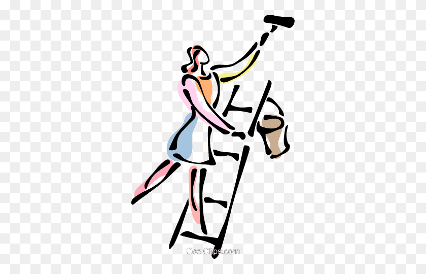 322x480 Woman On A Ladder Painting Royalty Free Vector Clip Art - Ladder Clipart
