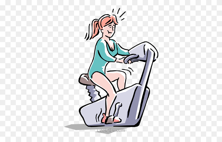358x480 Woman On A Stationary Bike Royalty Free Vector Clip Art - Exercise Bike Clipart