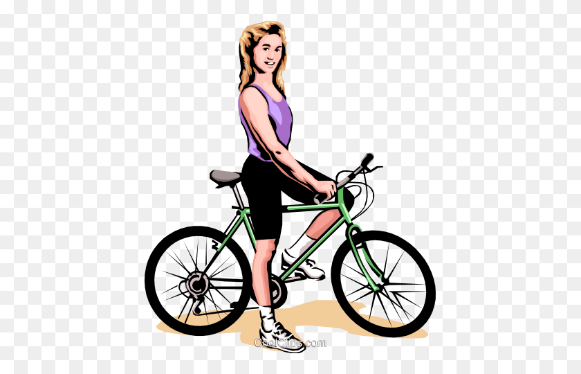 421x480 Woman On Bicycle Royalty Free Vector Clip Art Illustration - Riding Bicycle Clipart