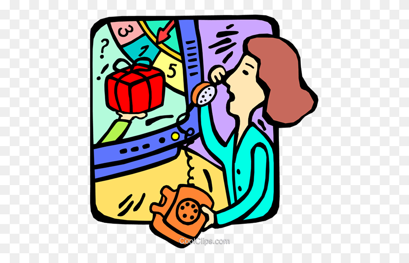 469x480 Woman On The Phone Watching Tv Royalty Free Vector Clip Art - Watching Television Clipart