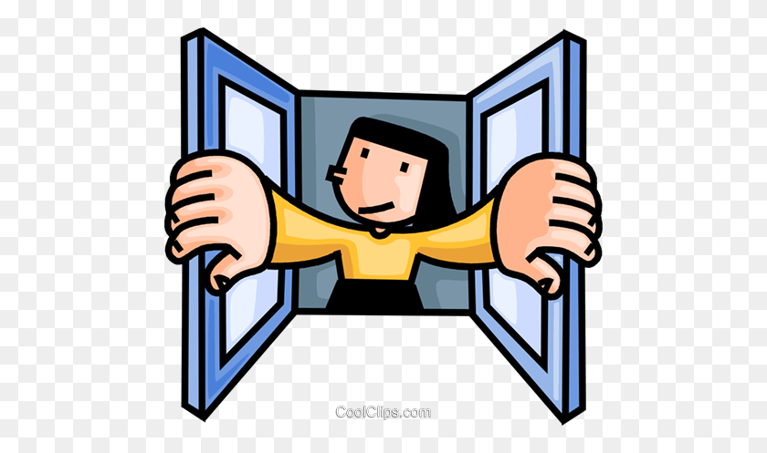 480x437 Woman Opening A Window Royalty Free Vector Clip Art Illustration - Window Clipart PNG