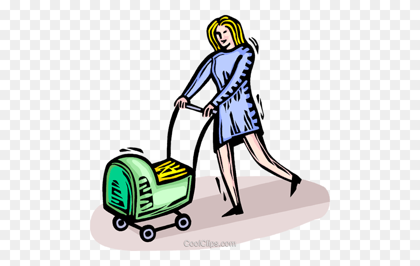 480x472 Woman Pushing A Baby Carriage Royalty Free Vector Clip Art - Baby Things Clipart