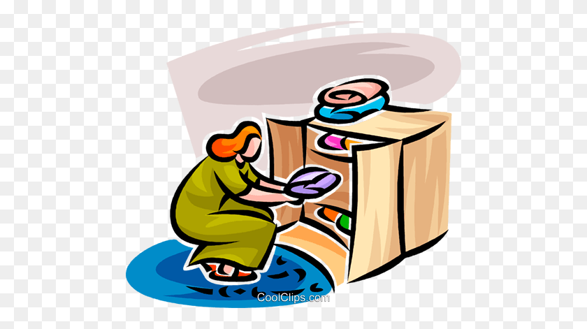 480x411 Woman Putting Away Laundry Royalty Free Vector Clip Art - Laundry Room Clipart