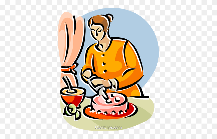 391x480 Woman Putting Icing On A Cake Royalty Free Vector Clip Art - Baking Supplies Clipart