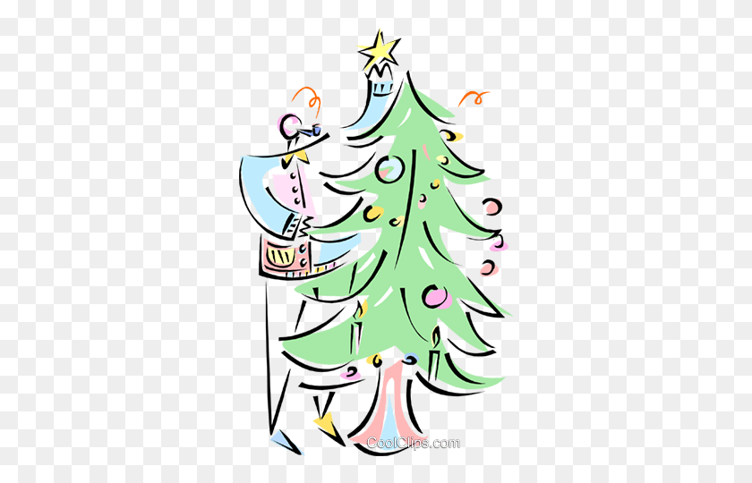306x480 Woman Putting Star On Christmas Tree Royalty Free Vector Clip Art - Christmas Tree Star Clipart