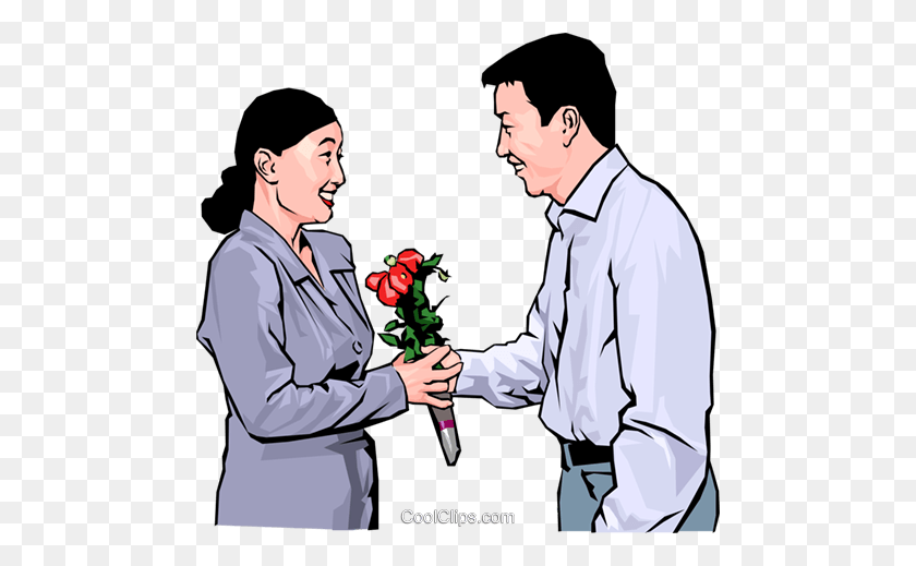 480x459 Woman Receiving Flowers From An Admirer Royalty Free Vector Clip - Sweetheart Clipart