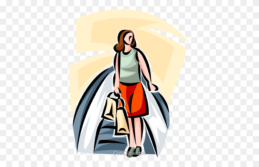 392x480 Woman Riding An Escalator While Shopping Royalty Free Vector Clip - Shopping Clipart Free