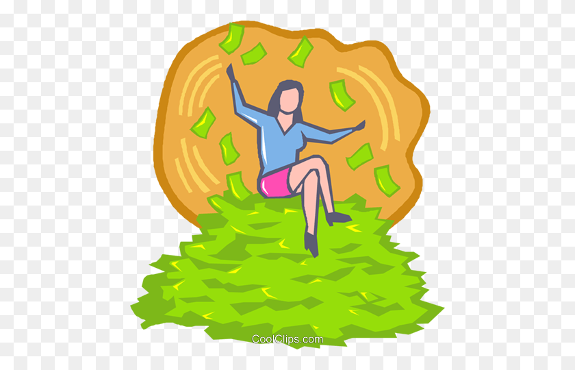 460x480 Woman Sitting On A Pile Of Money Royalty Free Vector Clip Art - Pile Of Money Clipart