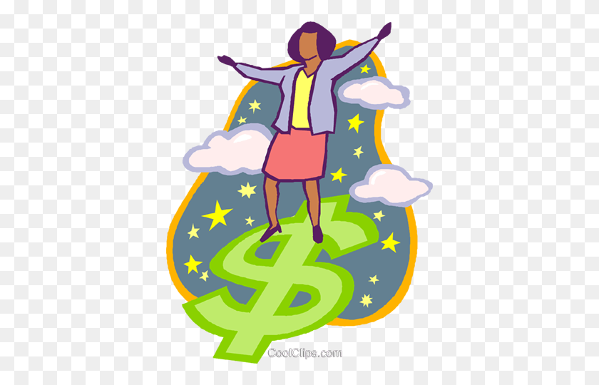 374x480 Woman Surfing On Dollar Sign Royalty Free Vector Clip Art - Dollar Sign Clipart