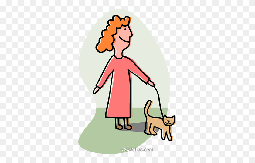 323x480 Mujer Caminando Con Su Gato Royalty Free Vector Clipart Ilustración - Mujer Caminando Clipart
