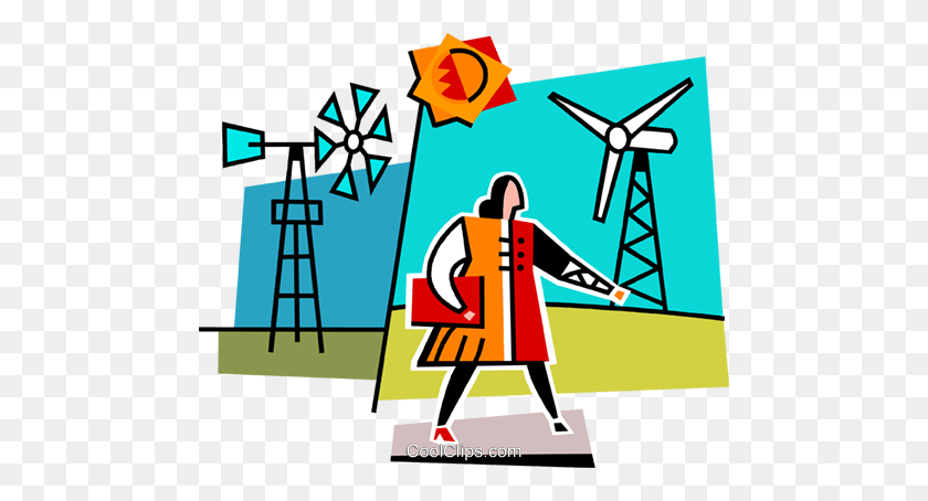 480x394 Woman Walking Past Windmills Royalty Free Vector Clip Art - Past Clipart