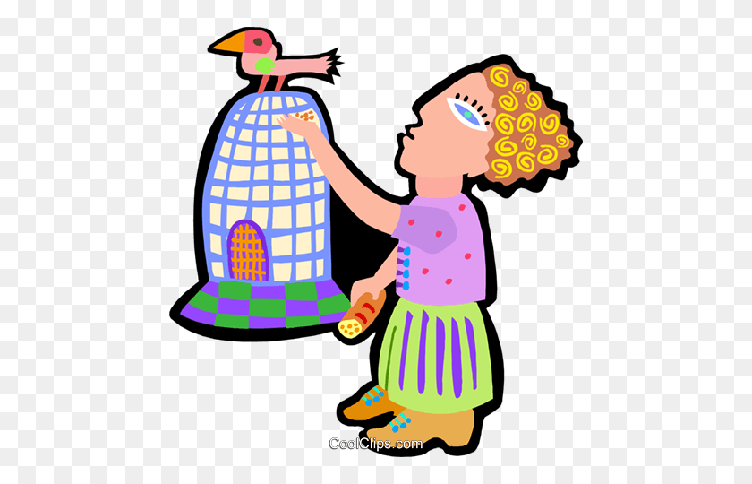 462x480 Woman With Bird On Cage Royalty Free Vector Clip Art Illustration - Bird Cage Clipart