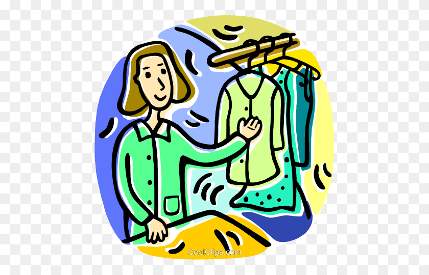 469x480 Woman With Clothes On A Rack Royalty Free Vector Clip Art - Dry Cleaning Clip Art