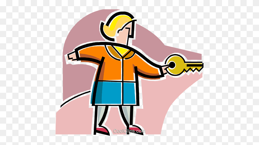 480x409 Woman With House Key Royalty Free Vector Clip Art Illustration - House Construction Clipart